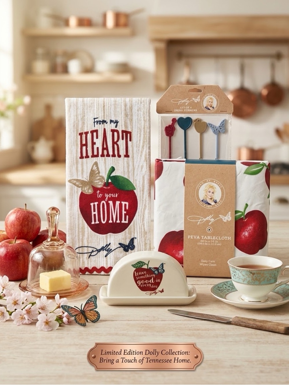 Dolly Parton Home Red Apple PEVA Tablecloth & Kitchen Towel Set